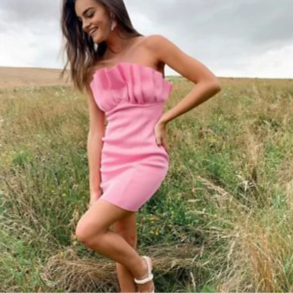 ASOS DESIGN bandeau fan front mini dress in bubblegum pink ASOS DESIGN bandeau fan front mini dress in bubblegum pink